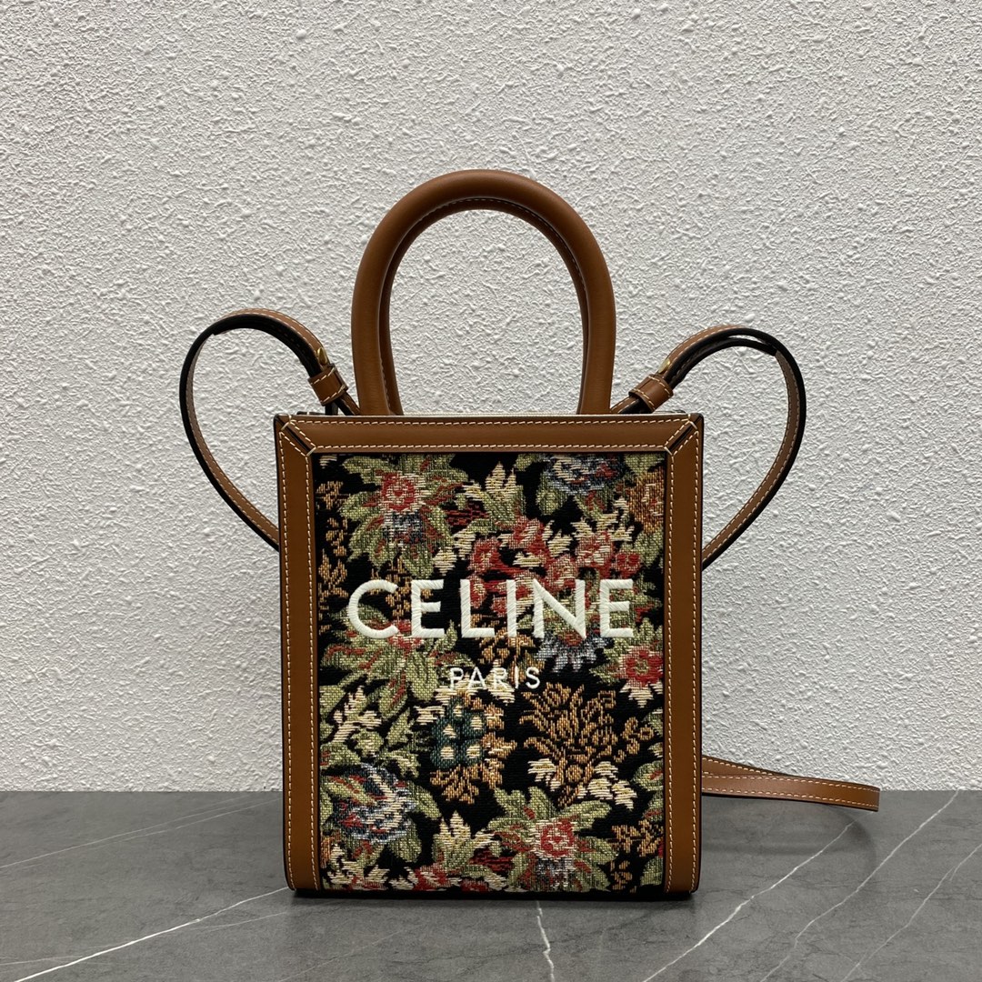 Celine Mini Vertical Cabas In Triomphe Canvas And Calfskin With Celine Print Tan 193302